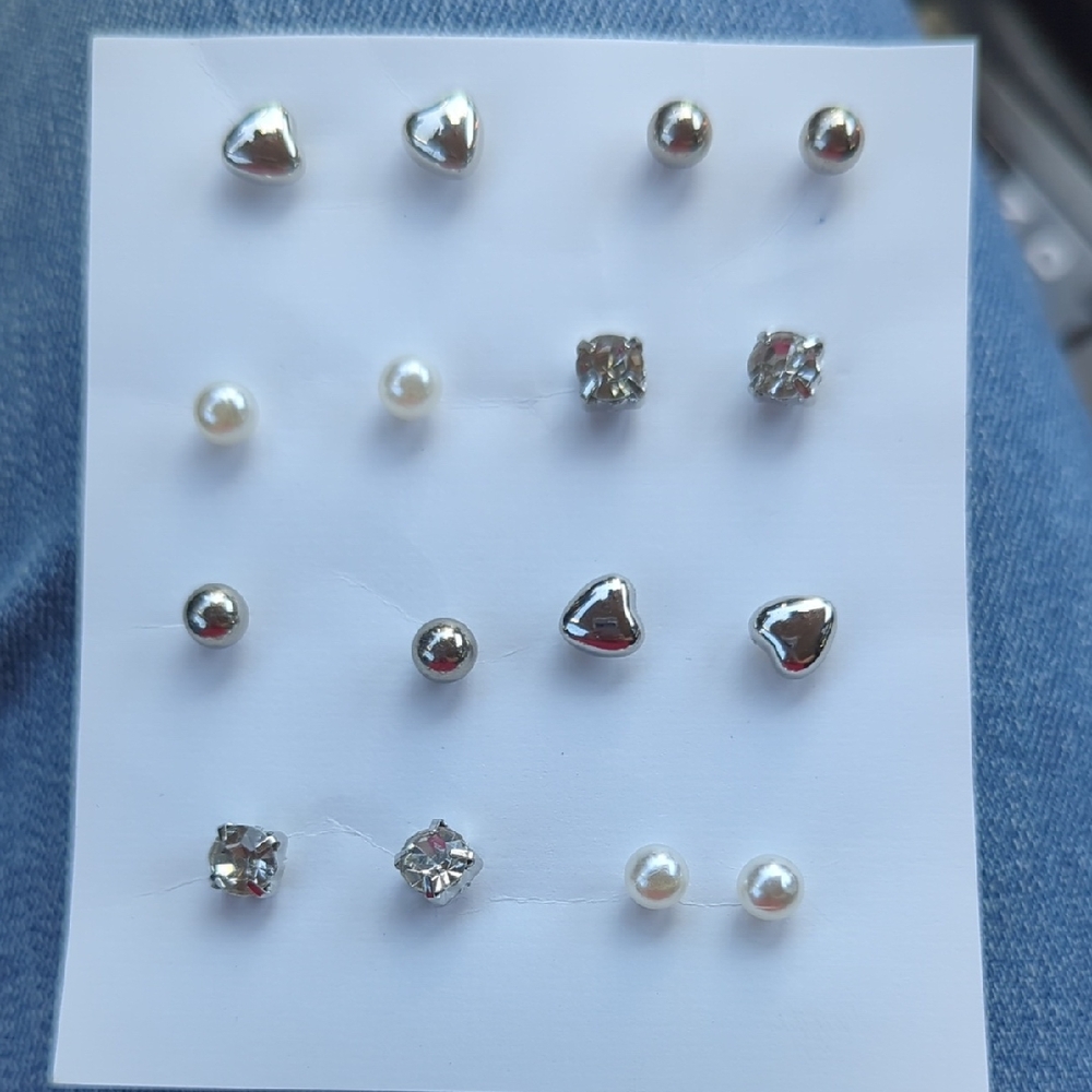 Silver-tone Mixed Stud Earring Set with Pearl and Crystal Accents 8 Pairs